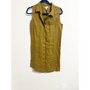 Garnet Hill‎ Womens Linen Sleeveless Shirt Dress Button Front Olive Green Size 4